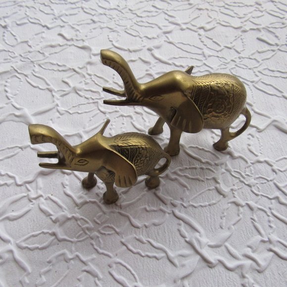 Vintage Brass Elephant Set Mother Baby Trunks Up Upraised for Luck Prosperity - Picture 1 of 12